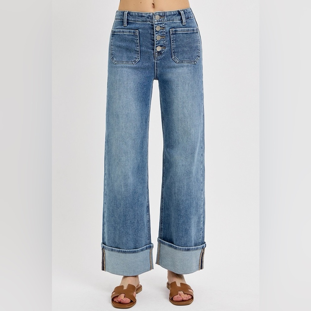 🔥SOLD OUT - RISEN High Rise Ankle Wide Button Patch Pocket Cuffed Jeans